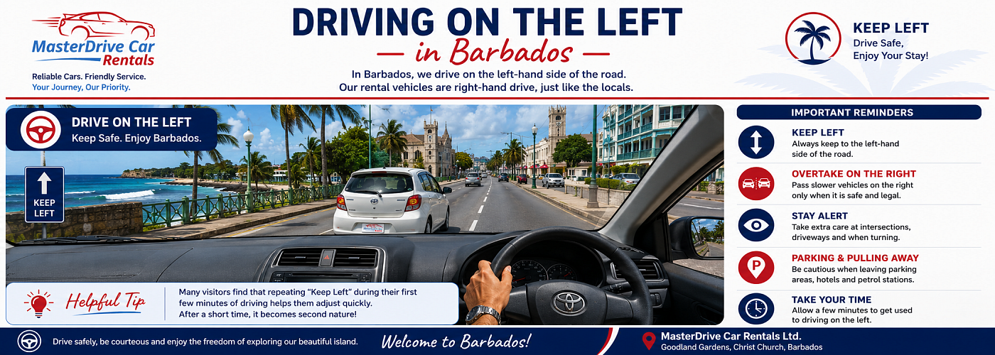 Driving on the left in Barbados guide by MasterDrive Car Rentals showing how visitors should drive safely on Barbados roads.