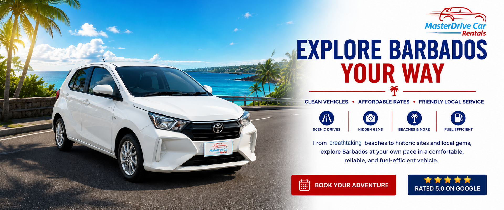 Affordable car rental in Barbados with airport meet and greet, islandwide delivery, and automatic vehicles from MasterDrive Car Rentals.
